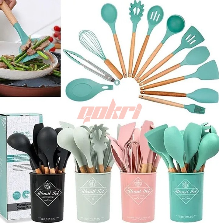12pcs Wooden Silicone Kitchen Utensil Nonstick S